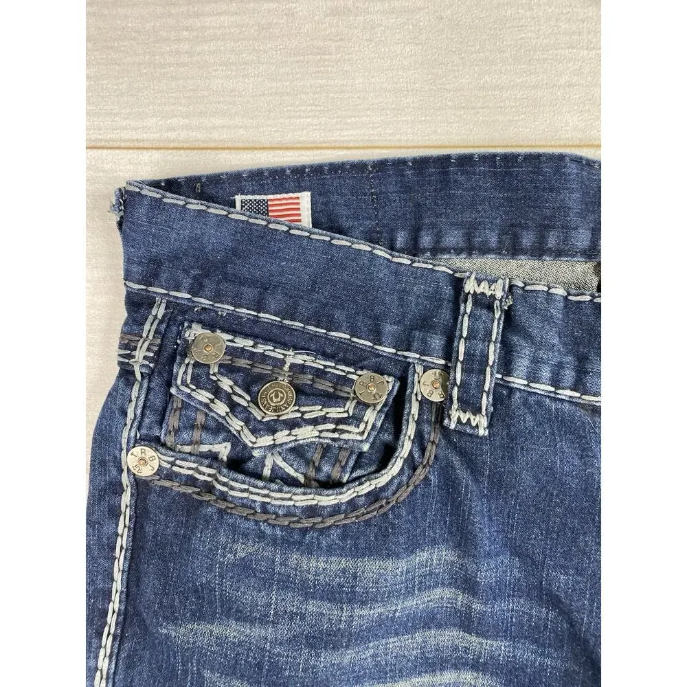True Religion Billy Jeans 38 Dark Distressed Straight Contrast Embroidery USA
